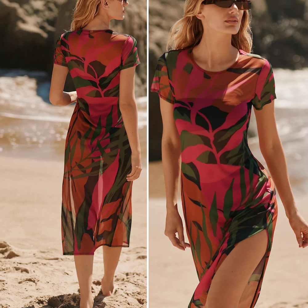 BY ANTHROPOLOGIE Short Sleeve Tropical Print Sheer Mesh Midi Dress